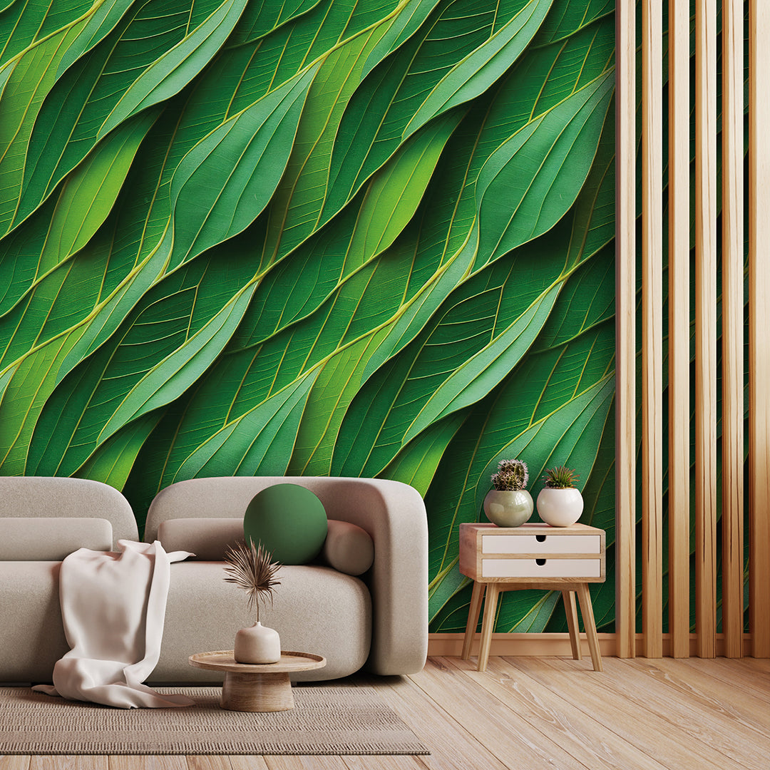 Modern living room with a green leafy wall design and minimal decor.